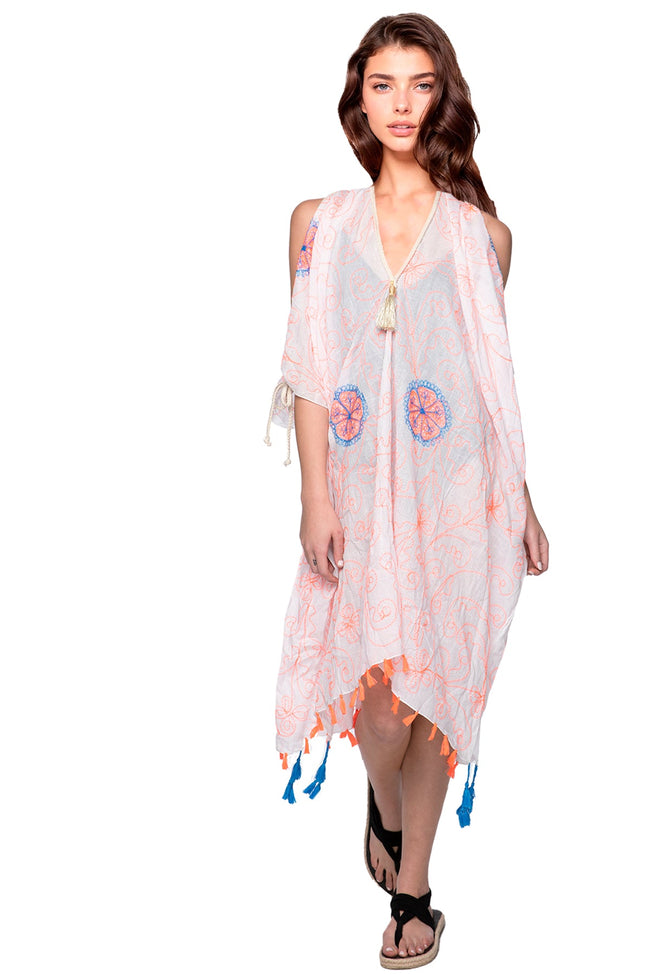 Pool to Party Maxi Open Shoulder Dress in Flower Stitches Embroidery / One Size / Orange/Blue Flower Open Shoulder Sundress Coverup in Flower Stitches Embroidery