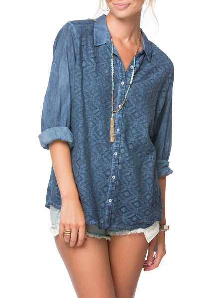 Pool to Party Shirts XS/S / Dark Denim / 100% Cotton Button Up Front Lace Shirt - Pigment Dye