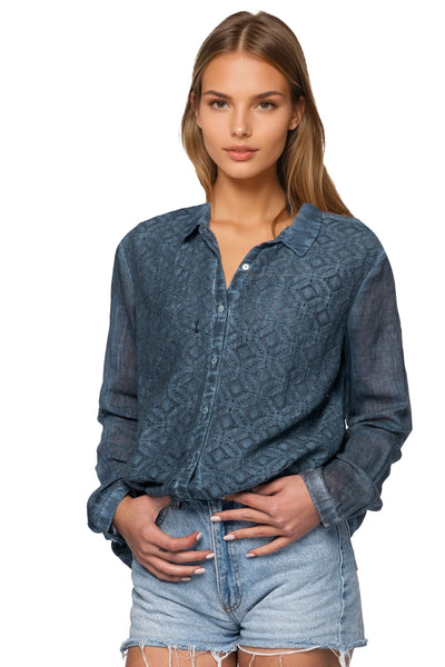Pool to Party Shirts XS/S / Dark Denim / 100% Cotton Button Up Front Lace Shirt - Pigment Dye