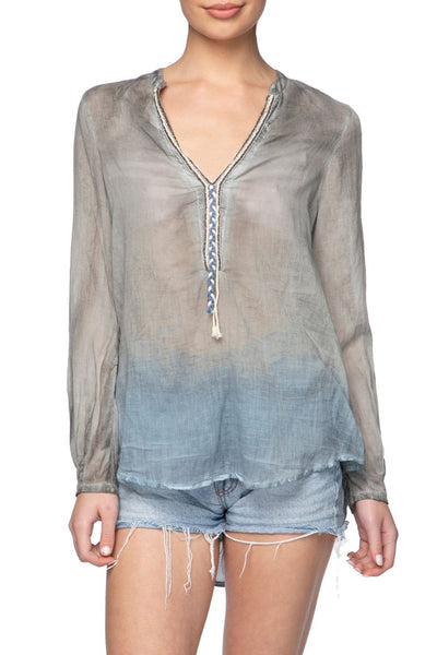 Pool to Party Shirts XS/S / Platinum/Denim / 100% Cotton Crossover Beaded Henley Top- Pigment Dye