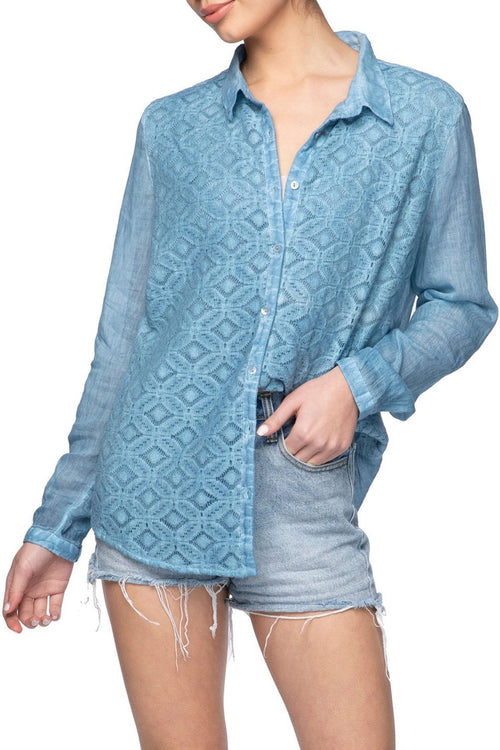 Pool to Party Shirts XS/S / Sky / 100% Cotton Button Up Front Lace Shirt - Pigment Dye in Sky