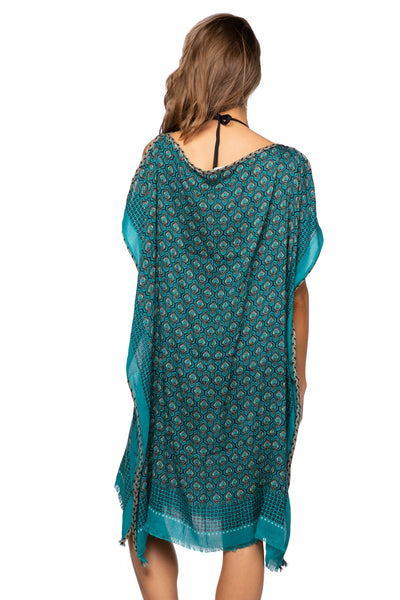 Pool to Party Sun Dress One Size / Aqua / 75%Viscose/25% extra fine Wool Moroccan Peacock Print Corinthian Sun Dress