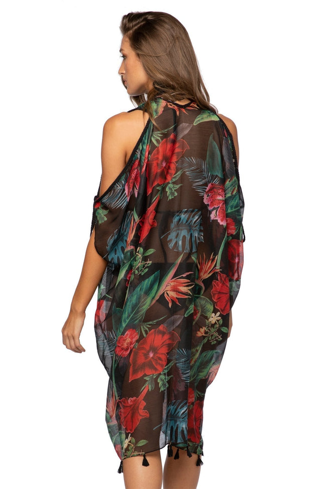 Pool to Party Sun Dress One Size / Black / 100% Polyester Open Shoulder Dress in Hibiscus Garden Print