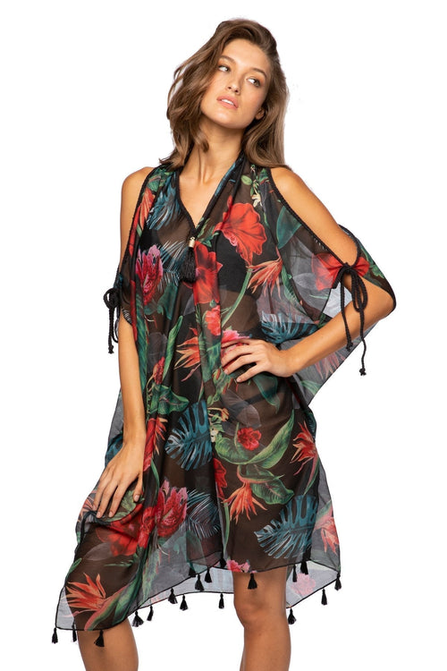 Pool to Party Sun Dress One Size / Black / 100% Polyester Open Shoulder Sun Dress in Hibiscus Garden Print