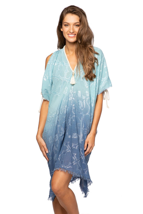 Pool to Party Sun Dress One Size / Blue / 100% Cotton Open Shoulder Dress in Woven Shine Fabric