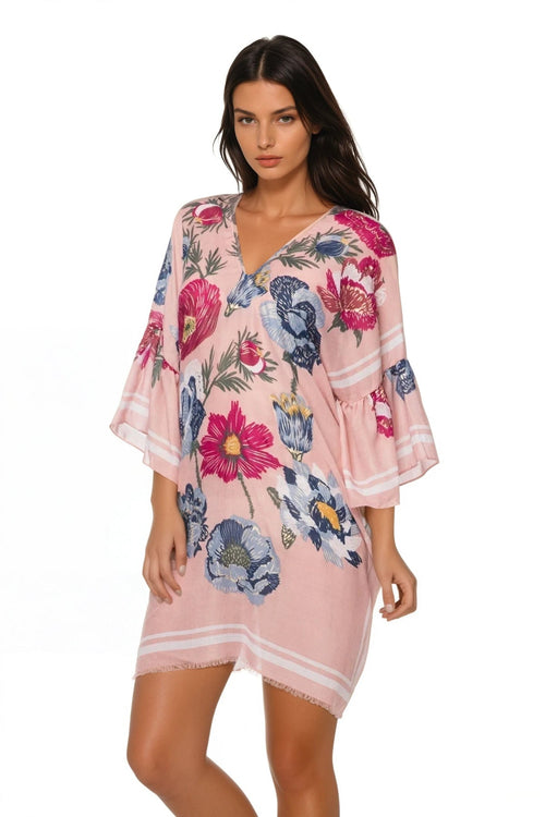 Pool to Party Sun Dress One Size / Blush / 100% Poly Flowers Forever Print | Bell Sleeve Kaftan Dress Coverup