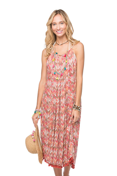 Pool to Party Sun Dress One Size / Coral / Wool/Nylon blend Multi Chevron Keyhole Coverup Sundress