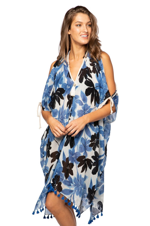 Pool to Party Sun Dress One Size / Indigo / 92% Cotton/2% Lurex Open Shoulder Dress in Blue Blossom Print