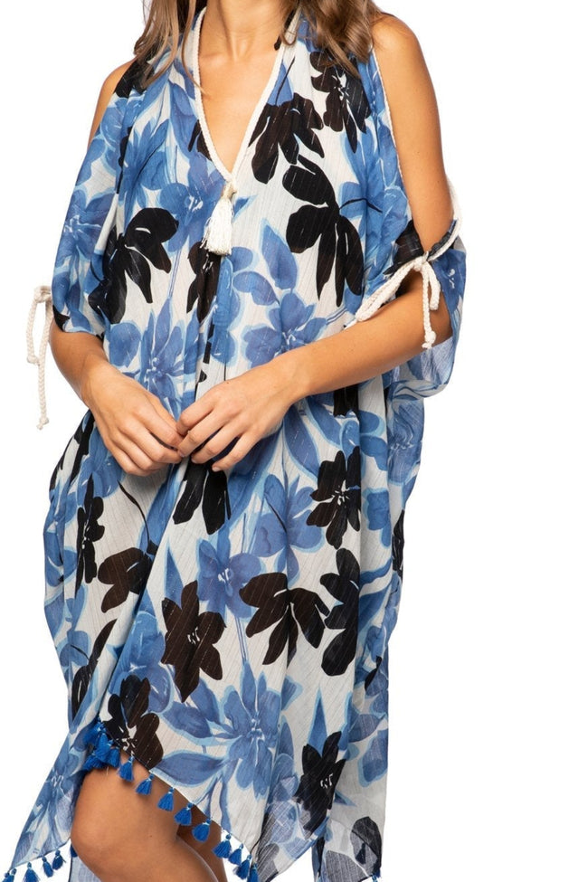 Pool to Party Sun Dress One Size / Indigo / 92% Cotton/2% Lurex Open Shoulder Dress in Blue Blossom Print