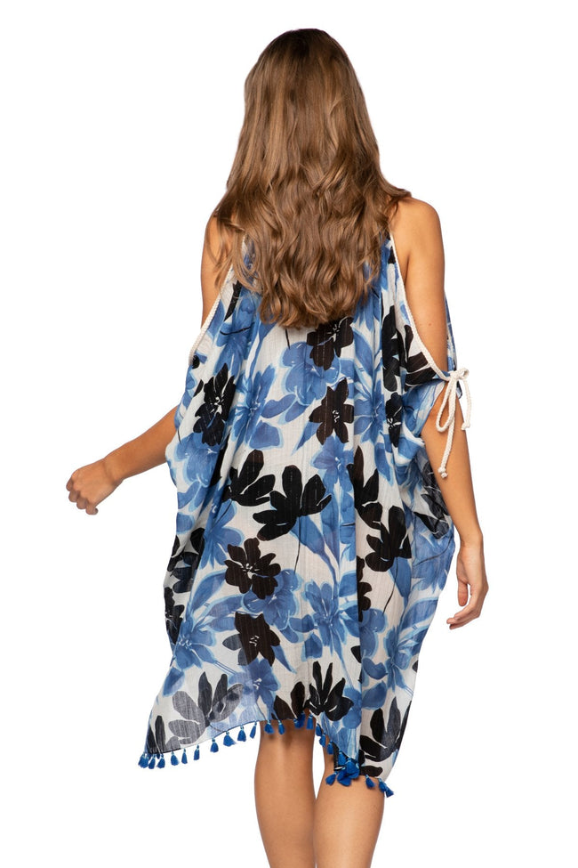 Pool to Party Sun Dress One Size / Indigo / 92% Cotton/2% Lurex Open Shoulder Dress in Blue Blossom Print