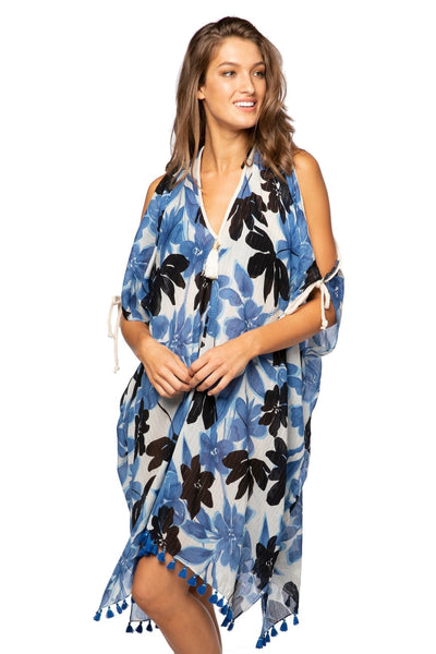 Pool to Party Sun Dress One Size / Indigo / 92% Cotton/2% Lurex Open Shoulder Sun Dress in Blue Blossom Print