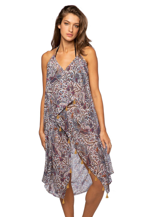 Pool to Party Sun Dress One Size / Multi / 100% Polyester Maxi Tassel Sun Dress Coverup in Blue Paisley Bliss  Print