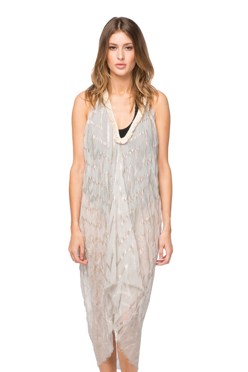 Pool to Party Sun Dress One Size / Taupe / Sheer Poly Shimmer Zig Zag Fringe Halter Dress
