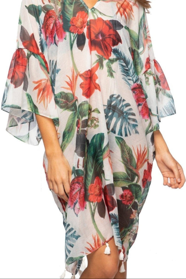 Pool to Party Sun Dress One Size / White / 100% Polyester Hibiscus Garden Digital Print | Bell Kaftan