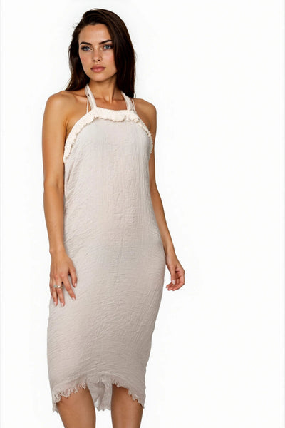 Pool to Party Sundress Halter Fringe Beach Coverup Dress Solid Gauze