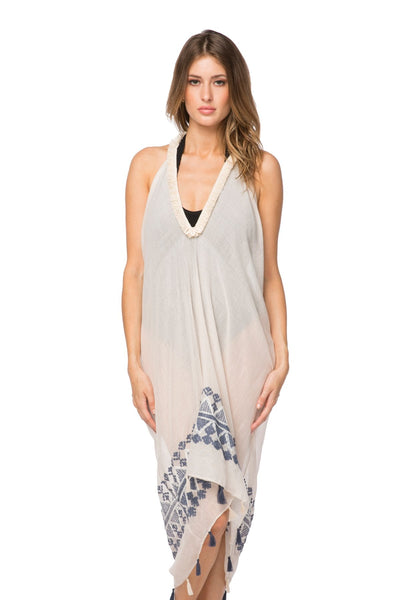 Pool to Party Sundress One Size / Ivory / 70% Polyester, 30% Cotton Fringe Halter Coverup  in May Showers Embroidery
