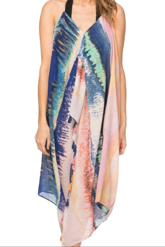 Pool to Party Sundress One Size / Multi / 70% Polyester/ 30% Cotton Maxi Tassel Coverup Sun Dress in Mystic Sunrise
