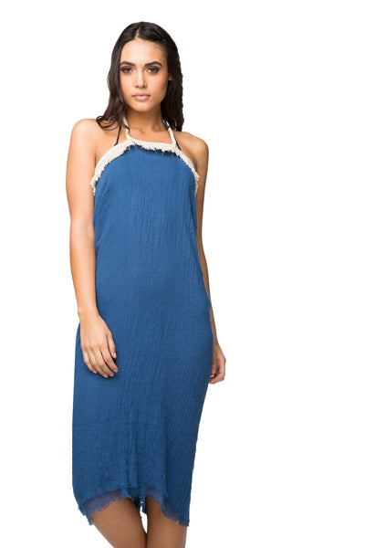 Pool to Party Sundress One Size / Navy / 100% Modal Double Layer Gauze Halter Fringe Beach Coverup Dress Solid Gauze