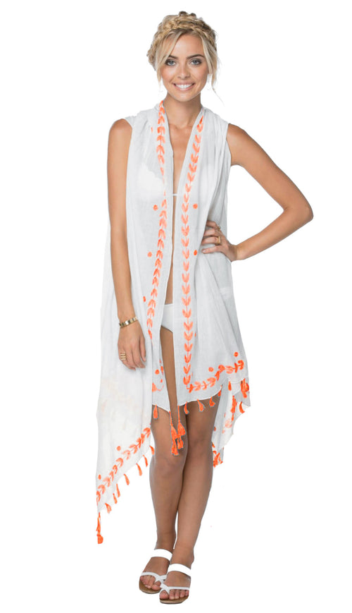 Pool to Party Vest Long Draped Vest in Leaf Dot Embroidery / One Size / Neon Orange Long Draped Vest in Leaf Dot Embroidery