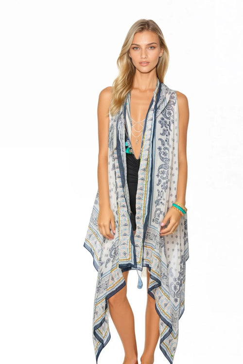 Pool to Party Vest Long Draped Vest in Sweet Escape print / One Size / Ivory Long Draped Cotton Coverup Sleeveless Vest Sweet Escape Boho print