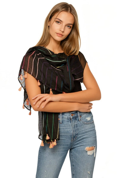 Rainbow Magic Black Multi Color Stripe Scarf Wrap Sarong - Subtle Luxury