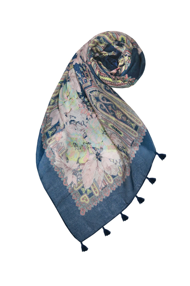 Rio Blooms Print Coverup Scarf Wrap in Navy - Subtle Luxury