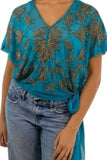 Almost Vintage Hand Beaded Mesh Side Tie Top with V Neck Flutter Sleeve