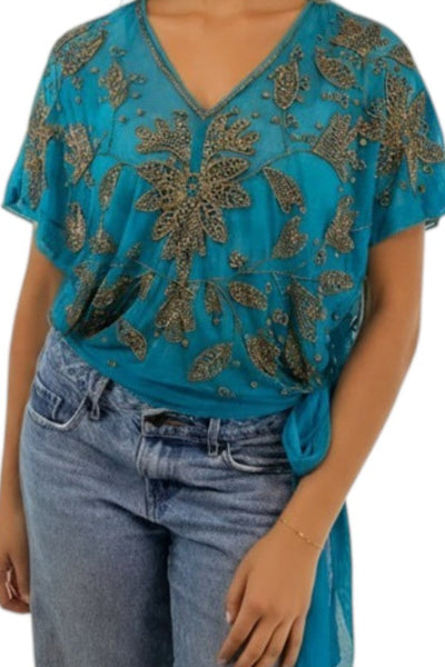 Almost Vintage Hand Beaded Mesh Side Tie Top with V Neck Flutter Sleeve