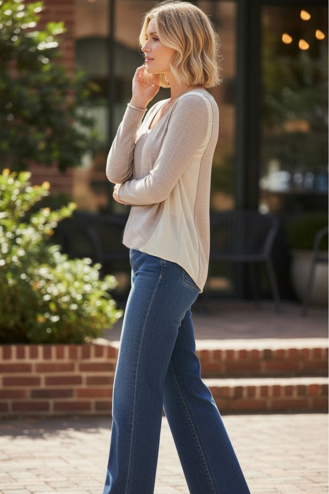 side-panel-v-neck-sweater-mixed-media- mushroom tan color sweater-subtle-luxury-slsivse-2