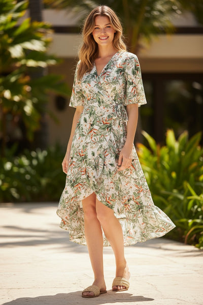 Floral Hi-Low Ruffle Wrap Midi Sundress with Sleeves