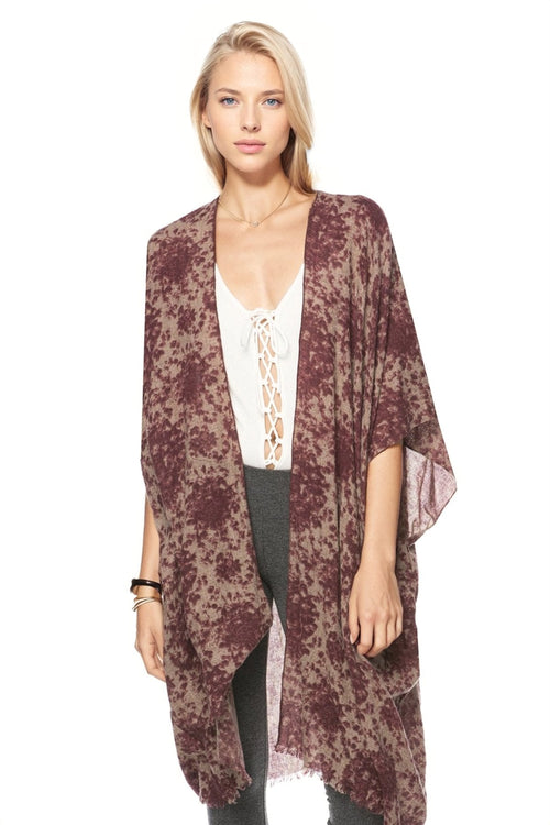 Spun Luxury Poncho L6 Gemma - Maroon / One Size Extra Fine Wool Silk Kimono in Muted Prints