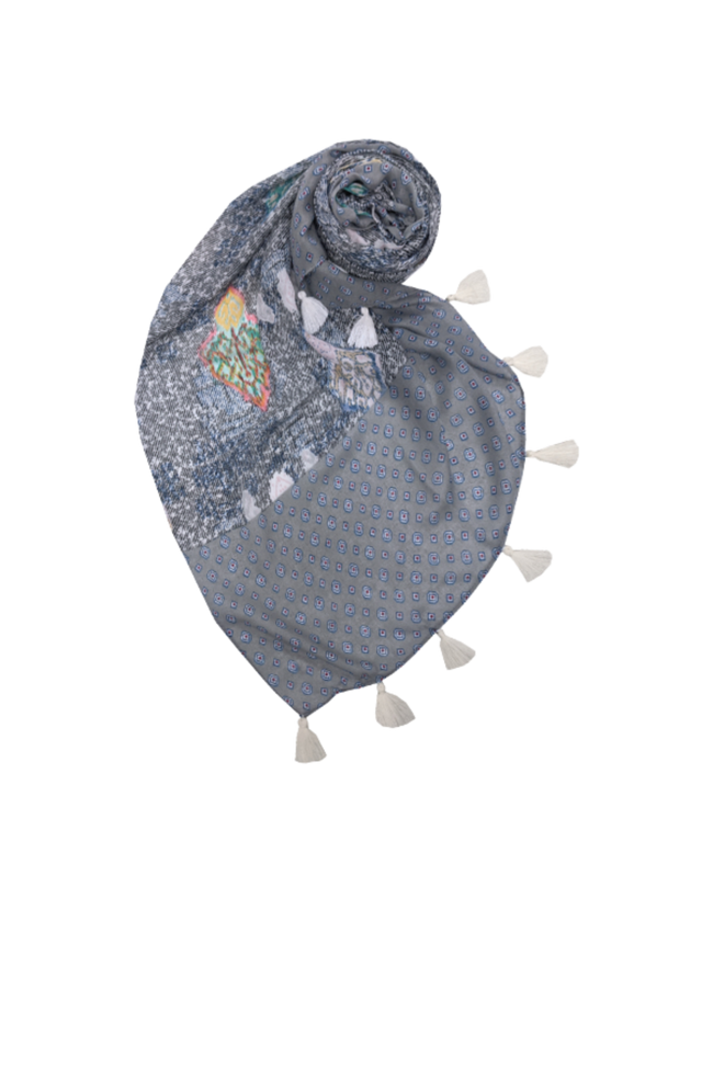 spun-scarves-Veil of Time Grey White Multi Color Sheer Tassel Print Scarf Wrap Sarong