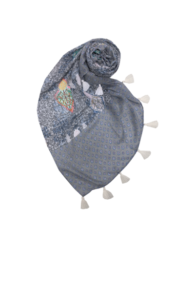 spun-scarves-Veil of Time Grey White Multi Color Sheer Tassel Print Scarf Wrap Sarong