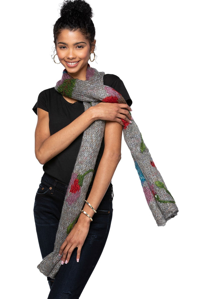 Spun Scarves Knit Scarf F13C3 / Grey Hand Knit Floral Jacquard Scarf Wrap