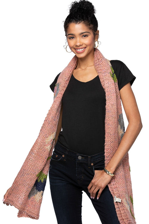 Spun Scarves Knit Scarf F13C3 / Pink Hand Knit Floral Jacquard Scarf Wrap