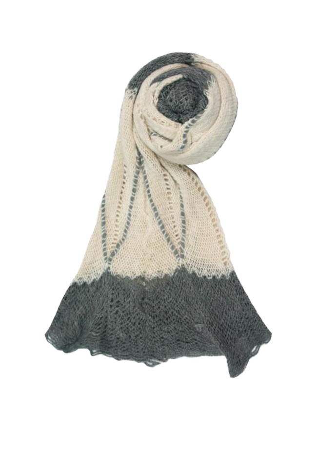 Hand-Knit Convertible Scarf with Scalloped Edge – Cream/Grey