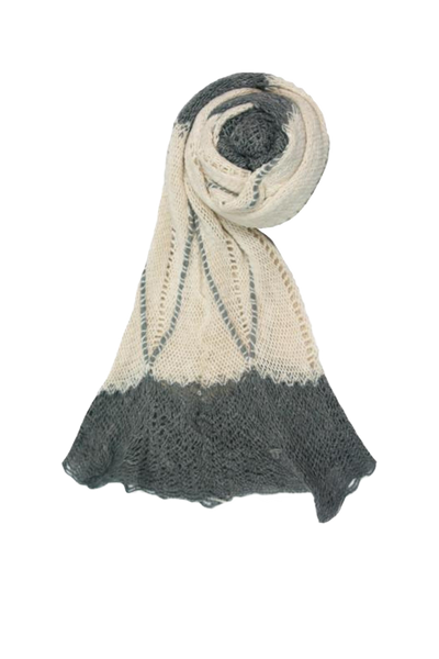 Hand-Knit Convertible Scarf with Scalloped Edge – Cream/Grey