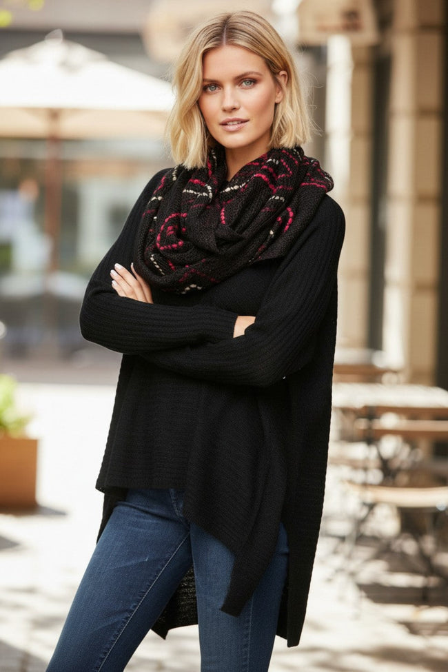 spun-scarves-knit-scarves-Hand Knit Zig Zag Pattern Stitch Knit Circle Scarf black, tank red, white 3