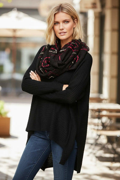 spun-scarves-knit-scarves-Hand Knit Zig Zag Pattern Stitch Knit Circle Scarf black, tank red, white 3