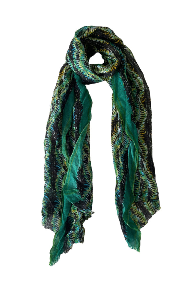 Spun Scarves Luxury Scarf Green Abstract Jungle Leaves Print Wool Blend Scarf
