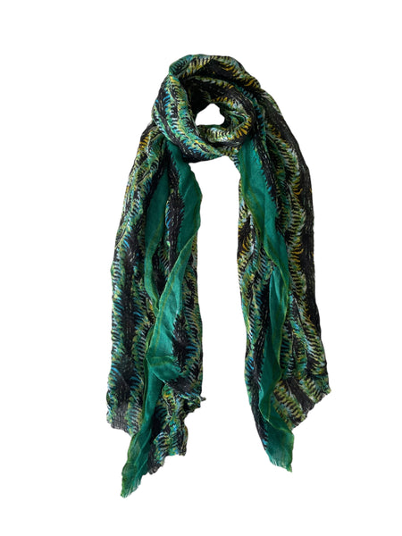 Spun Scarves Luxury Scarf Green Abstract Jungle Leaves Print Wool Blend Scarf