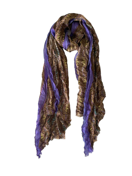 Spun Scarves Luxury Scarf Purple Abstract Jungle Leaves Print Wool Blend Scarf
