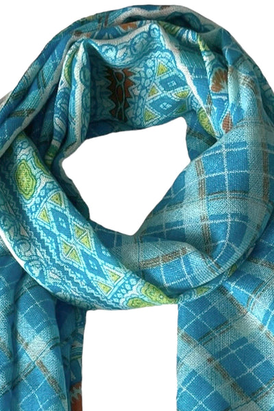 Spun Scarves Luxury Scarf Turq Bali Blanket Print Wool Scarf