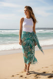 spun-scarves-sarong-Forest Dweller Tropical Teal Green Print Tassel Scarf Wrap Sarong