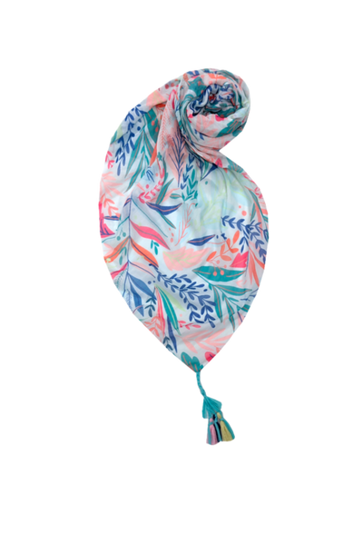 spun-scarves-sarong-Paradise Found Bright Floral Sheer and Soft Tassel Print Scarf Wrap Sarong