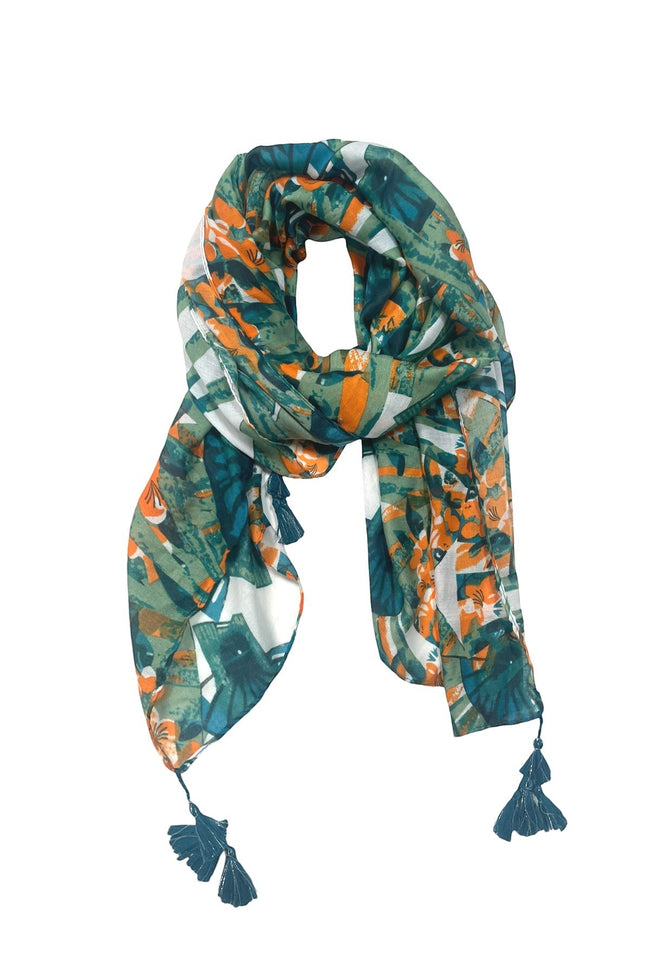 Spun Scarves Sarong Asian Garden / Jade Asian Garden Coral Green Print Scarf Wrap Sarong