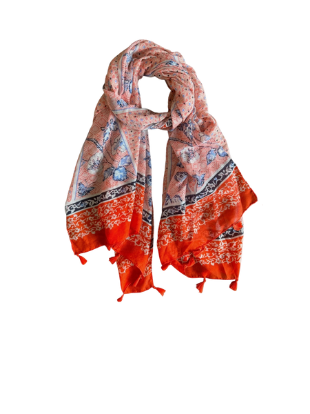 Coral Ethos Red Border Sheer Tassel Print Scarf Wrap Sarong