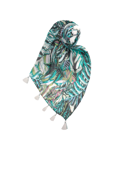 Forest Dweller Tropical Teal Green Print Tassel Scarf Wrap Sarong