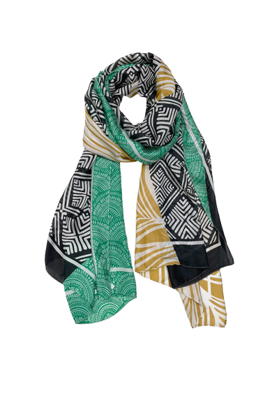 Leafy Tribes Satin Print in Yellow, Green and Black Scarf Wrap Sarong