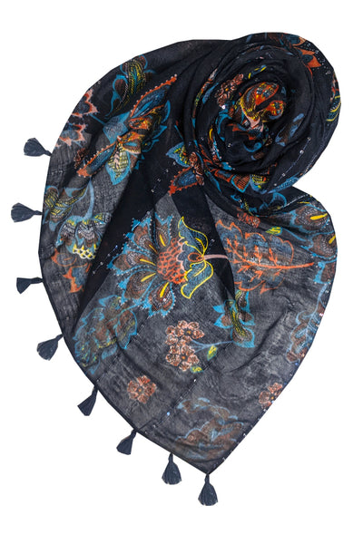 Spun Scarves Sarong Orange and Teal Print / Navy Orange and Teal Print Scarf Wrap Sarong with Sequins